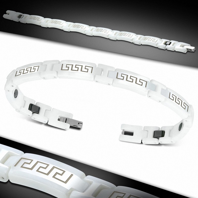 7.5mm | Bracelet magnétique à maillons en céramique blanche 2 tons avec clé grecque