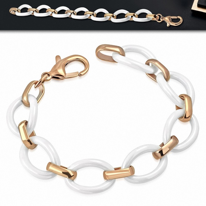 23cm x 16mm | Bracelet chaine maillon ovale blanc en céramique rose / rose doré