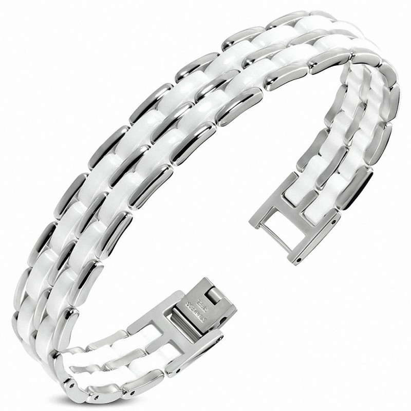 20cm x 12mm | Bracelet maillon panthère ovale blanc en céramique et en acier inoxydable