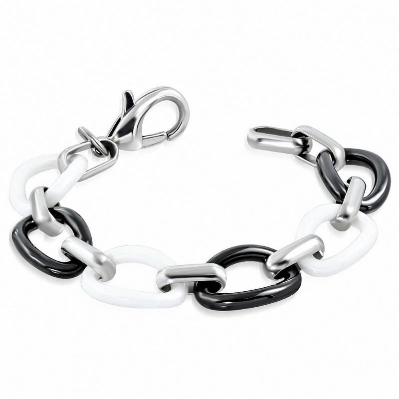 21cm x 16mm | Bracelet chaînette en céramique ovale noire et blanche avec maillons en acier inoxydable