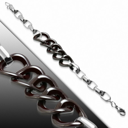 Bracelet en céramique à 2 tons avec cercle de verrouillage tordu brun foncé avec chaîne à maillons ovales en acier inoxydable