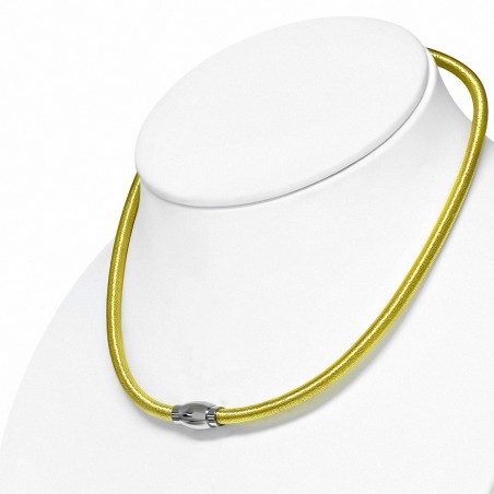 48cm x 5mm | Tour de cou en caoutchouc gainé de tissu jaune vif avec verrou magnétique en acier inoxydable