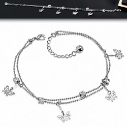 Bracelet en alliage de mode Cube perles Filigrane Papillon Double brin Jingle Bell Dangle Charm / Anklet avec chaîne
