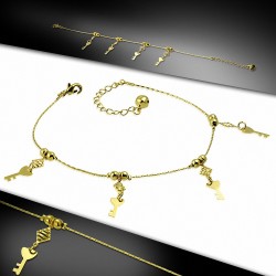 Bracelet à breloques fantaisie avec clés fantaisie Jingle Bell en plaqué de couleur dorée avec chaîne d'extension