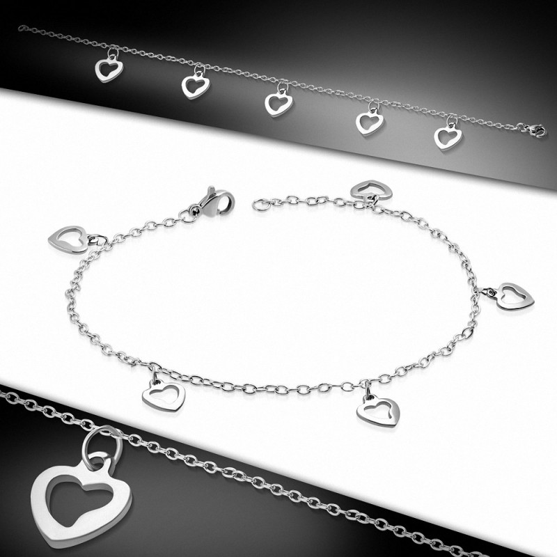 Bracelet à breloques en forme de coeur d'amour ouvert en acier inoxydable avec chaîne d'extension