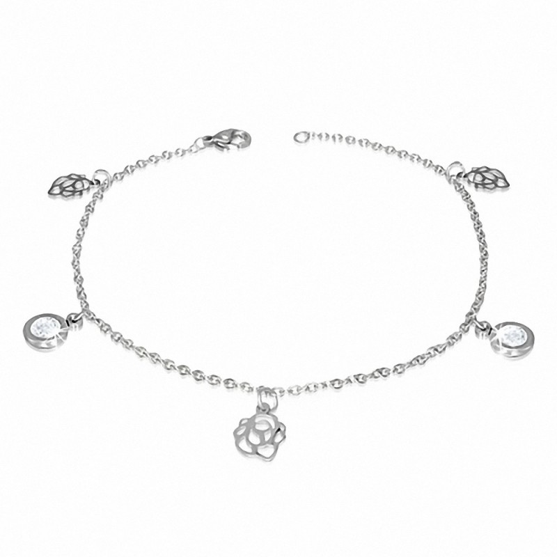 Bracelet à maillons en forme de breloque en forme de cercle de fleurs roses avec cercle de cheville en acier inoxydable