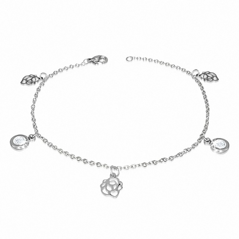 Bracelet à maillons en forme de breloque en forme de cercle de fleurs roses avec cercle de cheville en acier inoxydable