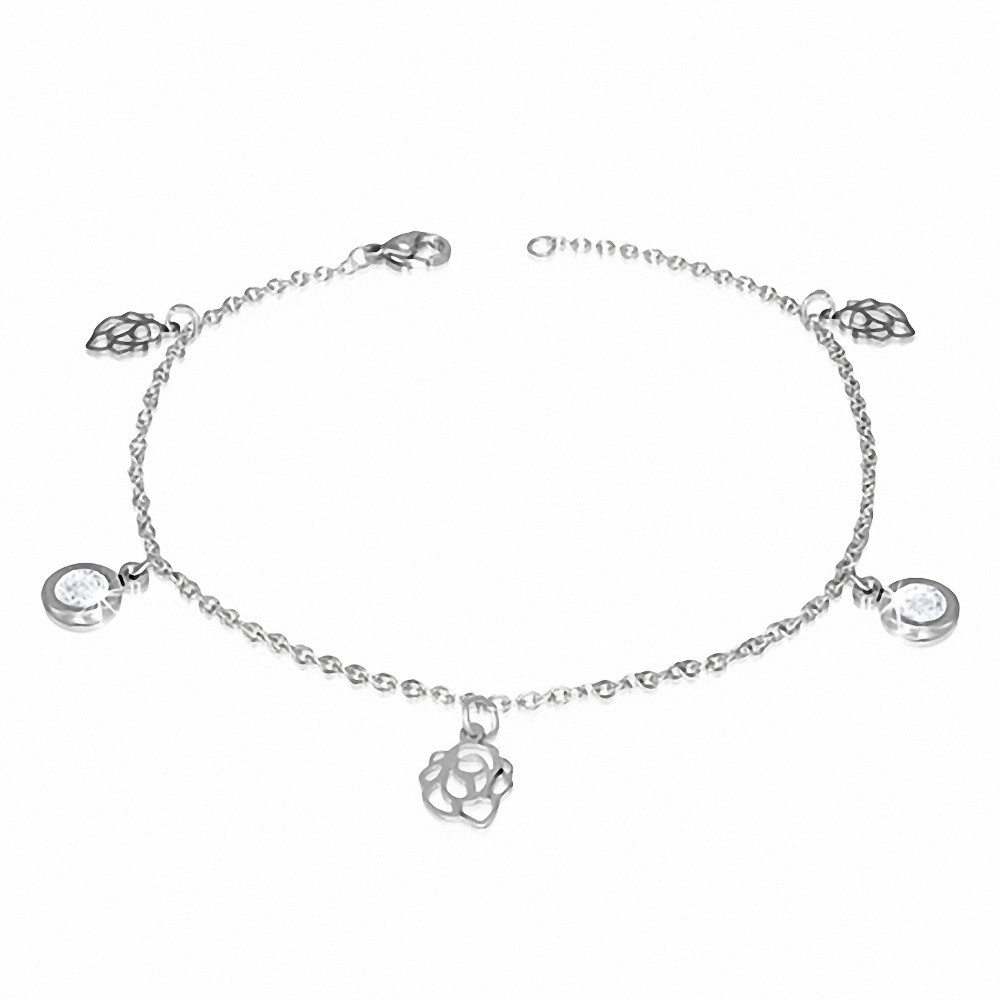 Bracelet à maillons en forme de breloque en forme de cercle de fleurs roses avec cercle de cheville en acier inoxydable