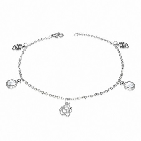 Bracelet à maillons en forme de breloque en forme de cercle de fleurs roses avec cercle de cheville en acier inoxydable
