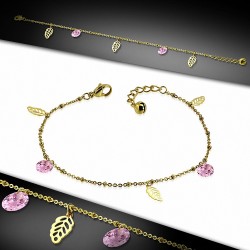 Bracelet à breloques en forme de feuille en acier inoxydable doré / chaîne de cheville avec chaîne d'extension et rose CZ