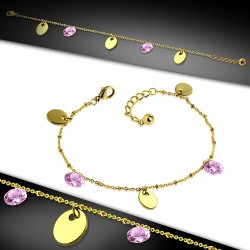 Bracelet à breloques / à cheville ovale en acier inoxydable doré avec chaîne d'extension et rose CZ