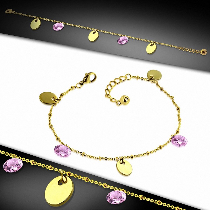 Bracelet à breloques / à cheville ovale en acier inoxydable doré avec chaîne d'extension et rose CZ