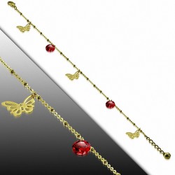 Bracelet à breloques papillon en acier inoxydable doré / chaîne de cheville avec chaîne d'extension et opale de feu orange
