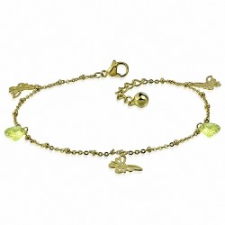 Bracelet à breloques papillon avec découpes en acier inoxydable doré / chaîne de cheville avec chaîne d'extension et péridot