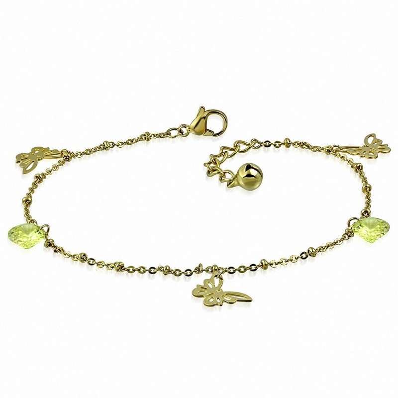 Bracelet à breloques papillon avec découpes en acier inoxydable doré / chaîne de cheville avec chaîne d'extension et péridot