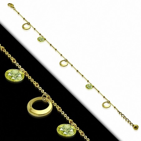 Bracelet à breloques avec bracelet en acier inoxydable doré / chaîne de cheville avec chaîne d'extension et péridot CZ