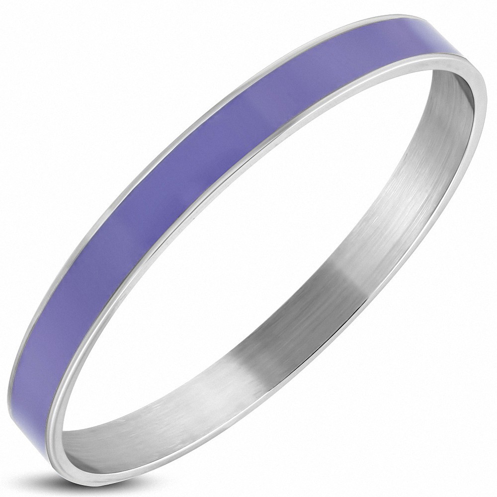 DIA-65mm x 8mm | Acier Inoxydable Lavande Violet Couleur Pastel Émaillé Flat Thin Women Bangle