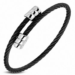 Bracelet manchette Torc en acier inoxydable avec câble torsadé celtique noir 2 tons avec embouts côtelés en alliage