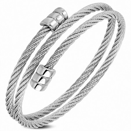 Bracelet manchette Torc en acier inoxydable à double enroulement pour câble torsadé avec embouts côtelés en alliage