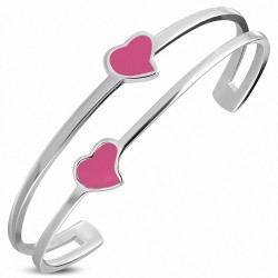 Bracelet manchette double cœur en acier inoxydable émaillé rose