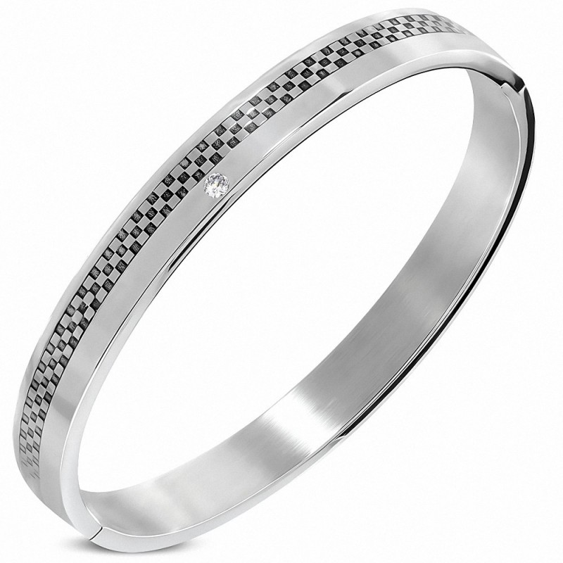 DIA-60mm x 8mm | Bracelet articulé plat en grillage / damier en acier inoxydable avec transparent CZ