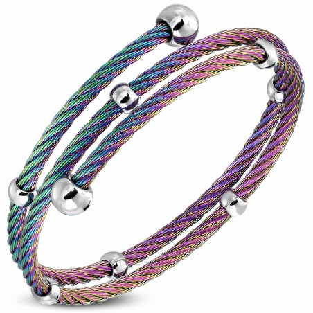 Bracelet manchette en fil torsadé en acier inoxydable anodisé avec perles multicolores