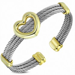 Bracelet de manchette en fil torsadé à 3 brins en acier inoxydable 2 tons - Style coeur ouvert