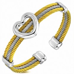 Bracelet manchette en fil torsadé à 3 brins en acier inoxydable 2 tons - Style coeur ouvert