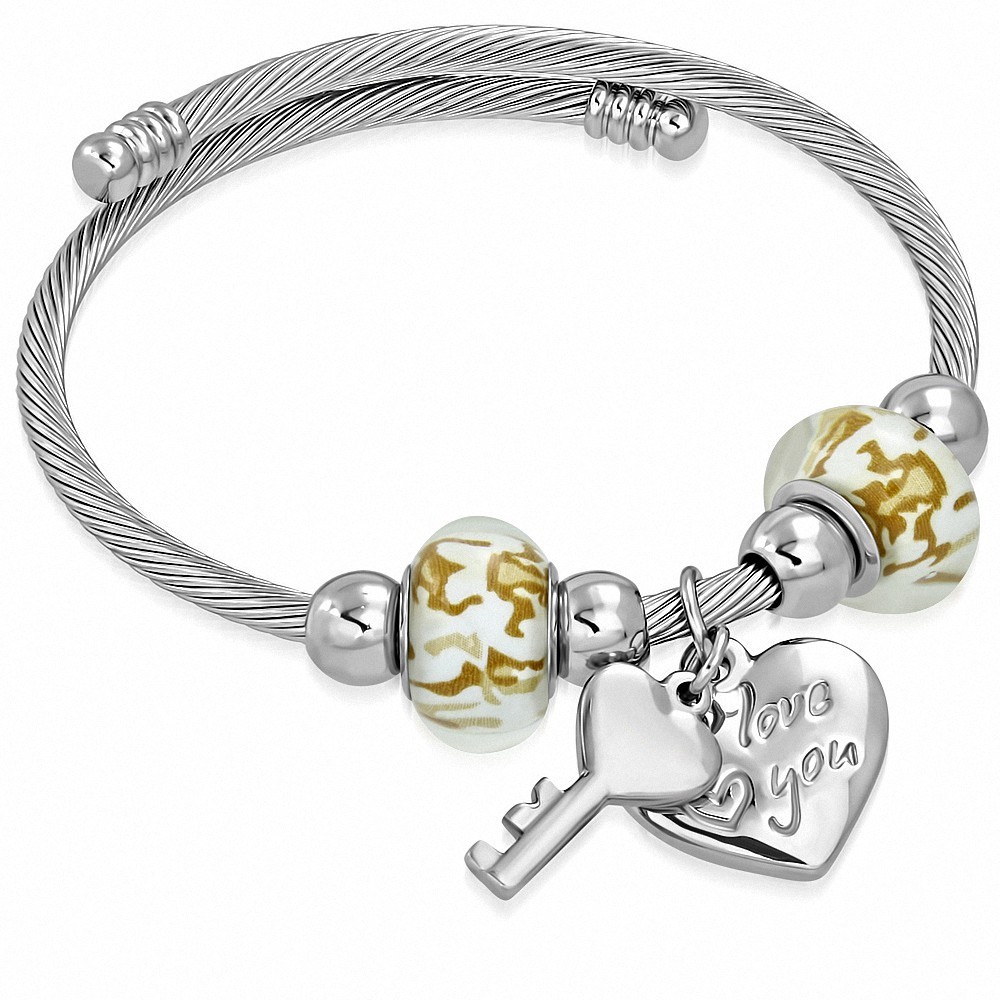 En acier inoxydable celtique torsadée câble fil amour coeur clé charm perles manchette réglable Bracelet