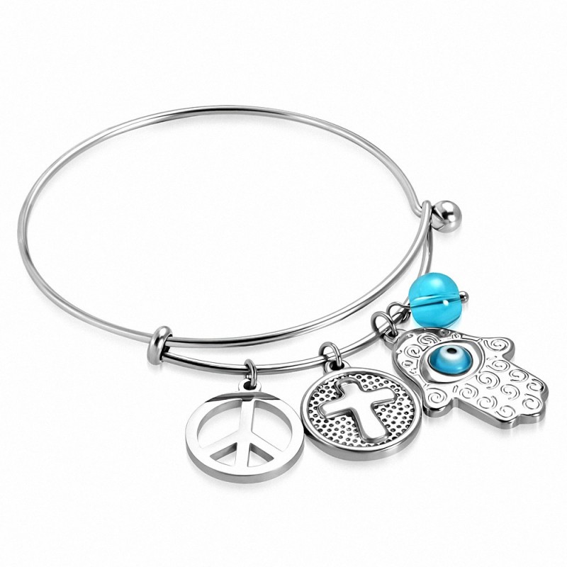 Bracelet en acier inoxydable bicolore Signe de la Paix Croix Cercle Mauvais Oeil Main de Fatima / Charm Hamsa