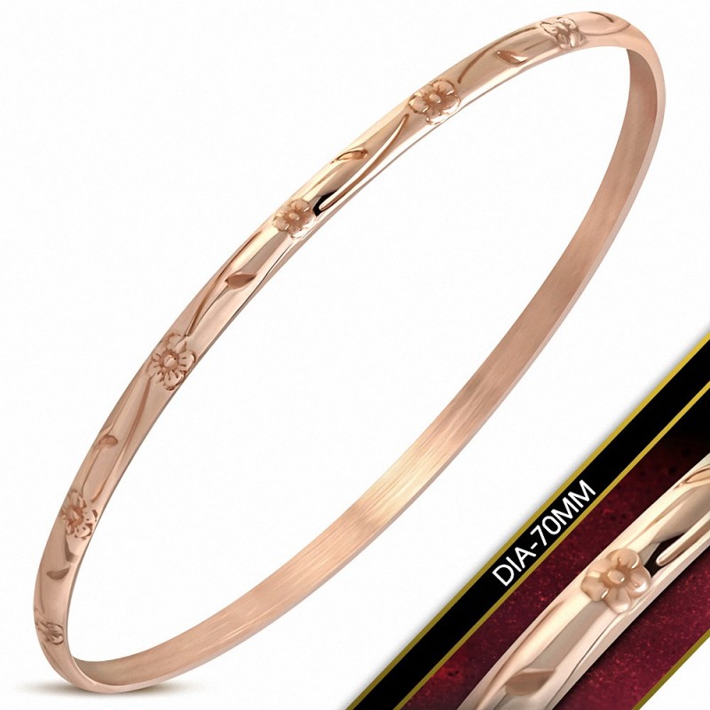 DIA-70mm x 3.5mm | Bracelet jonc maigre vigne en forme de fleur en acier inoxydable doré rose / rose