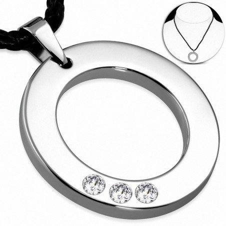 Charm Cercle rond en carbure de tungstène avec collier de cordon en cuir tressé noir et cuir de tungstène noir