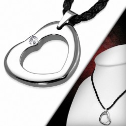 Breloque coeur d'amour en carbure de tungstène 2 tons avec collier de cordon en cuir tressé noir et cuir clair CZ