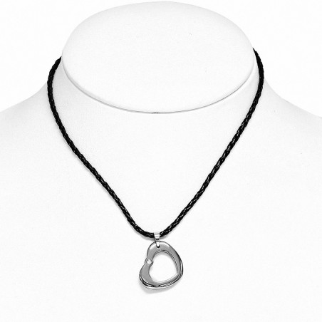 Breloque coeur d'amour en carbure de tungstène 2 tons avec collier de cordon en cuir tressé noir et cuir clair CZ