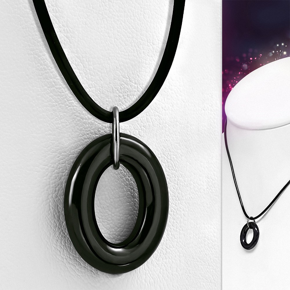 Breloque en alphabet ovale en céramique noire avec collier de cordon noir