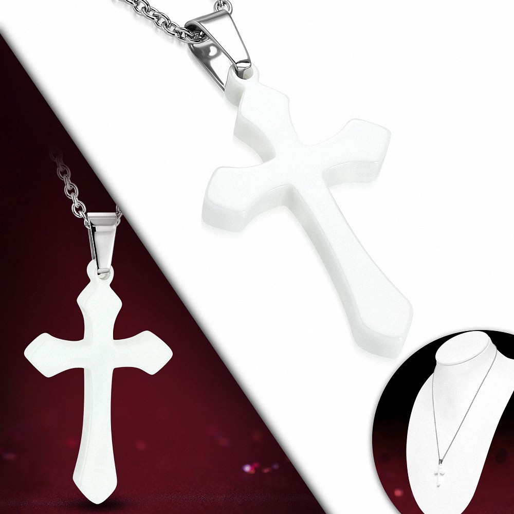 Collier chaîne en acier inoxydable et céramique avec croix médiévale blanche