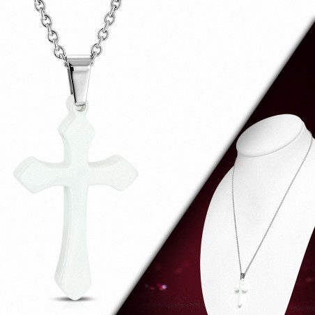 Collier chaîne en acier inoxydable et céramique avec croix médiévale blanche