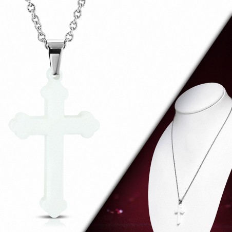 Collier à maillons en céramique et en acier inoxydable à croix blanche avec boudins
