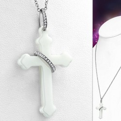 Anneau imbriqué en céramique avec croix blanche et collier à maillons en acier inoxydable avec zircon clair