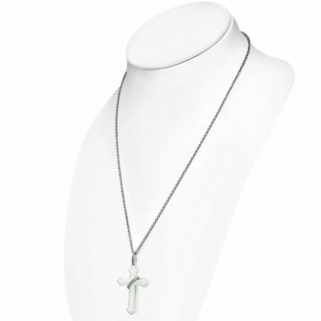 Anneau imbriqué en céramique avec croix blanche et collier à maillons en acier inoxydable avec zircon clair