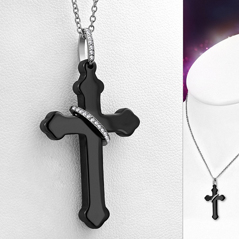 Anneau imbriqué en céramique avec croix noire et collier à maillons en acier inoxydable avec zircon clair