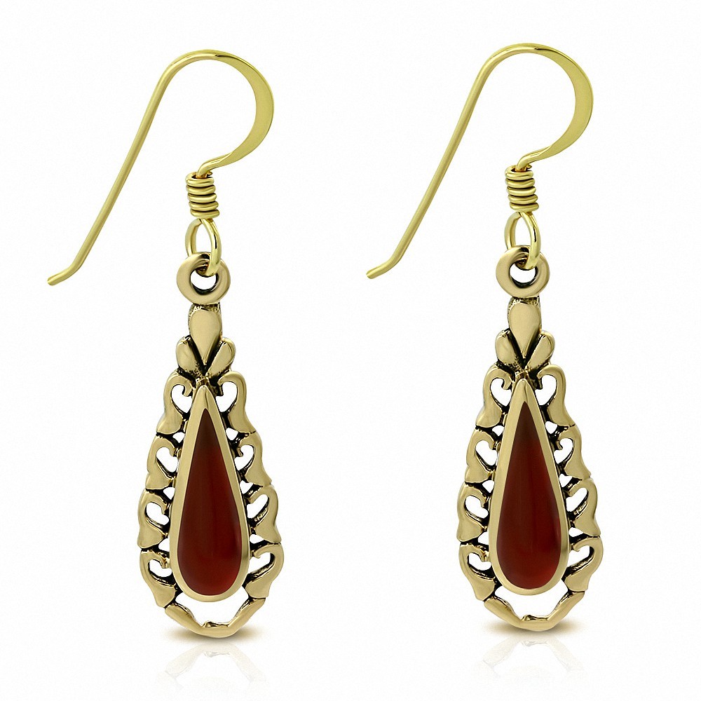 Boucles d'oreilles crochet en forme de larme en bronze avec agate rouge (paire)