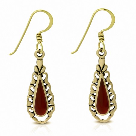 Boucles d'oreilles crochet en forme de larme en bronze avec agate rouge (paire)