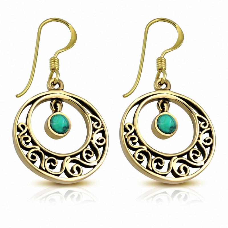 Boucles d'oreilles à crochet mode et cercle concentrique en bronze avec pierre turquoise (paire)