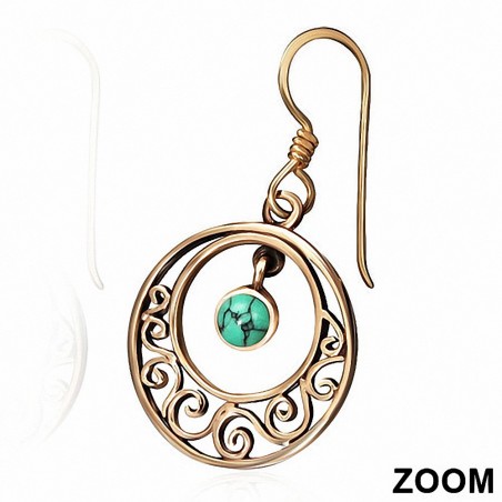 Boucles d'oreilles à crochet mode et cercle concentrique en bronze avec pierre turquoise (paire)