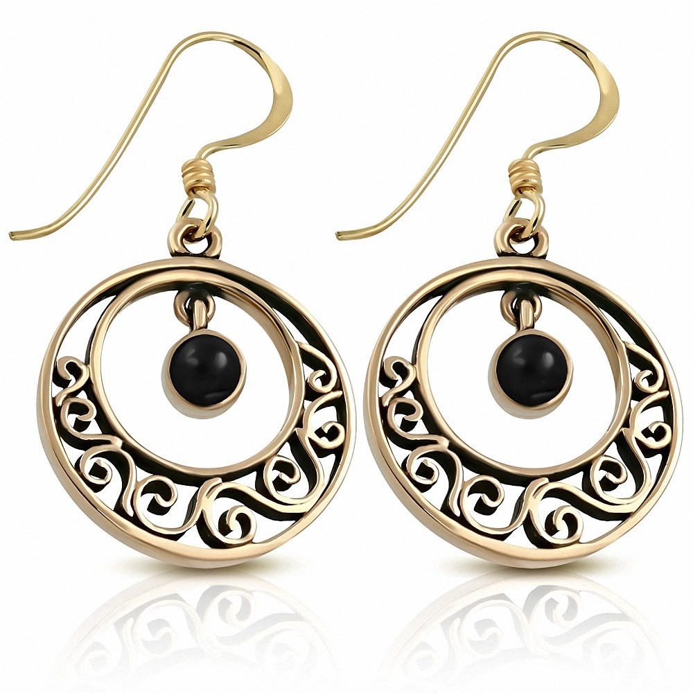 Boucles d'oreilles à crochet mode et cercle concentrique en bronze avec onyx noir (paire)