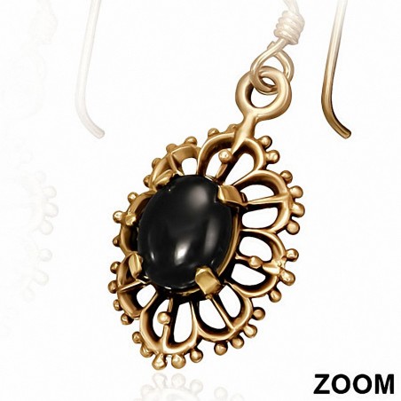 Boucles d'oreilles à crochet en forme de fleur ovale en bronze avec onyx noir (paire)