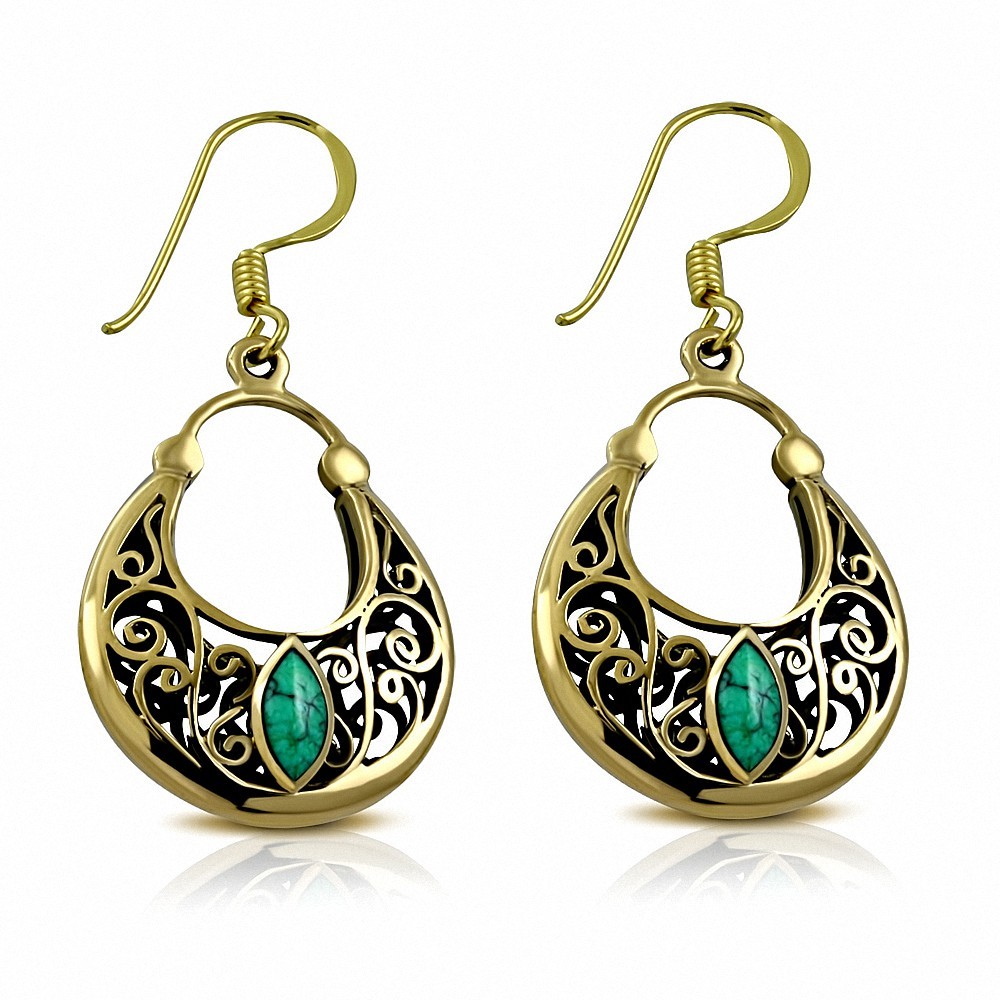 Boucles d'oreilles en crochet de sac à main en forme de spirale à la mode en bronze avec pierre turquoise (paire)