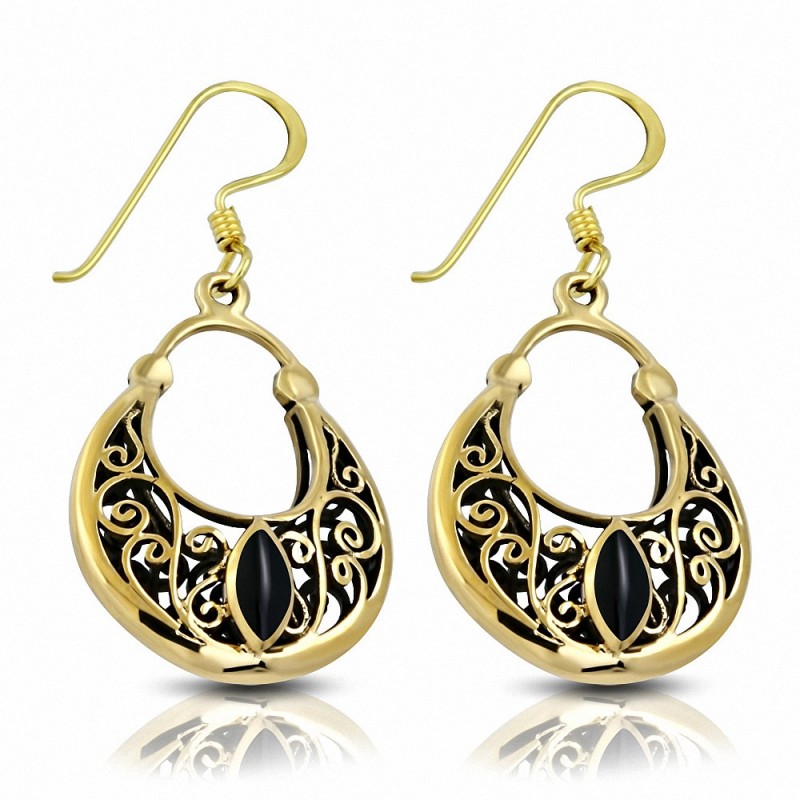 Boucles d'oreilles avec crochet en forme de sac à main en forme de spirale en bronze avec onyx noir (paire)