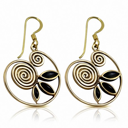 Boucles d'oreilles à crochet en forme de vigne avec fleur en spirale à la mode en bronze avec onyx noir (paire)